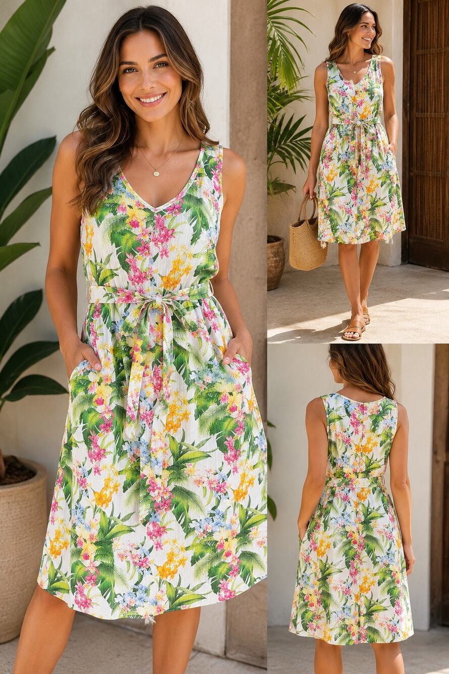 Tommy Bahama Island Soft Floral Gauze Dress M Tropical Hawaiian Belted
